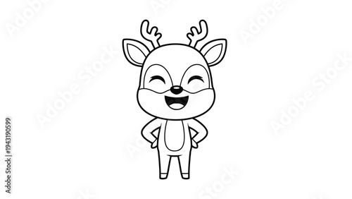 Cheerful black and white outline drawing of an adorable cartoon reindeer, standing happily with hands on hips and a wide smile.