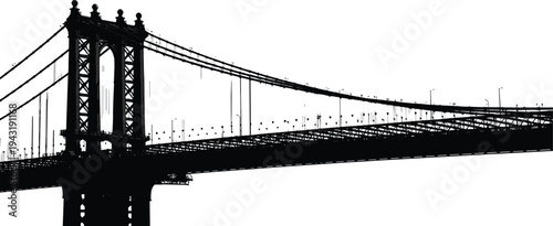 Suspension bridge silhouette, architectural landmark illustration, engineering design art, urban infrastructure icon, transportation structure, city 