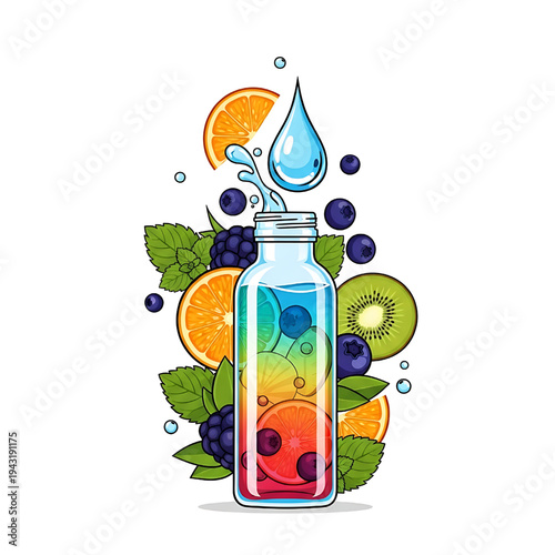 Colorful Fruit Infused Water Bottle Illustration.