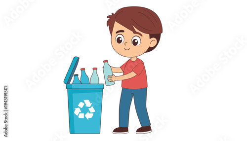 Recycling cartoon boy putting plastic bottles in a blue bin