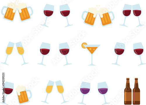 Alcohol drinks collection with wine glasses, beer mugs, champagne flutes, cocktail glass, beverage icons set for bar celebration illustration