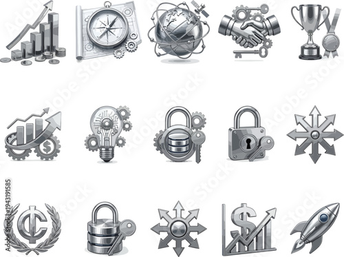 Metallic 3D Corporate Business Icon Pack – 15 Luxury Vectors