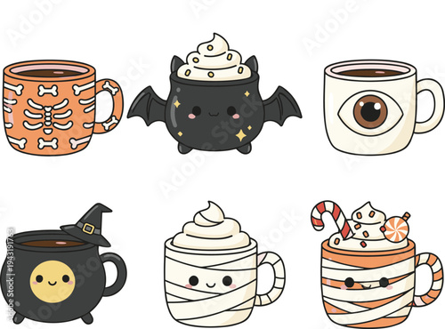 Cute halloween coffee mugs collection with bat, skeleton, mummy, witch cauldron, candy drink cups kawaii spooky beverage illustration
