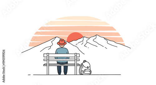 Line art illustration: Solo traveler on a bench, contemplating a majestic mountain landscape with a vibrant sunset or sunrise. Ideal for travel, adventure, nature.