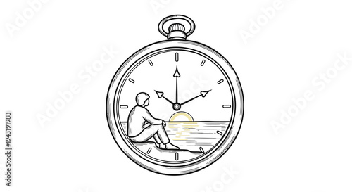 Man sitting by the sea watching a sunset inside a vintage pocket watch, symbolizing contemplation, passage of time, and peaceful reflection.