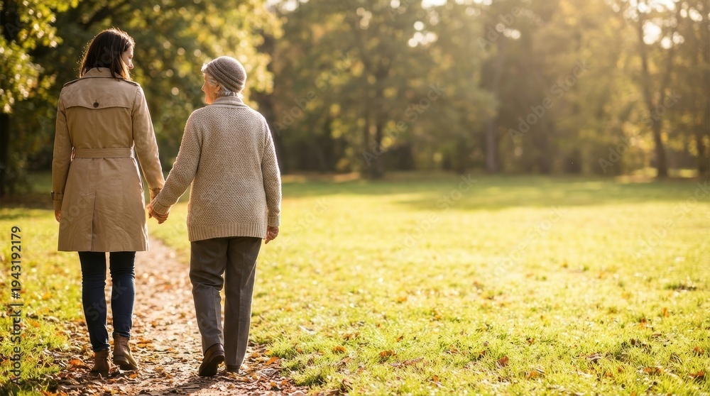 Fototapeta premium Two women different generations walk hand in hand on an autumn park path Warm sunlight illuminates the scene