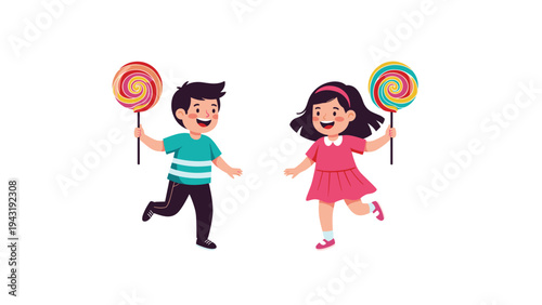 Enthusiastic young boy and girl happily running together, each holding a vibrant, oversized swirl lollipop, symbolizing childhood joy and sweet treats.