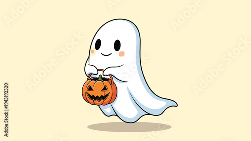 Adorable little ghost character happily floating, holding a carved pumpkin basket for collecting Halloween treats, against a light background.
