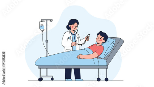 Caring female doctor attentively examining a male patient lying in a hospital bed with an IV drip, providing professional medical care.