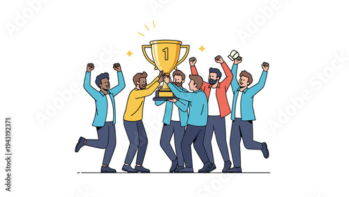 Diverse group of enthusiastic men joyfully celebrating their victory, raising a large golden trophy together, symbolizing teamwork and success.