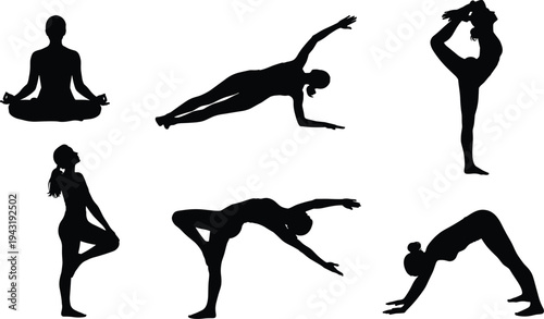 Set of yoga pose silhouettes featuring woman practicing meditation, downward dog, plank, and tree pose for wellness, fitness, and health.
