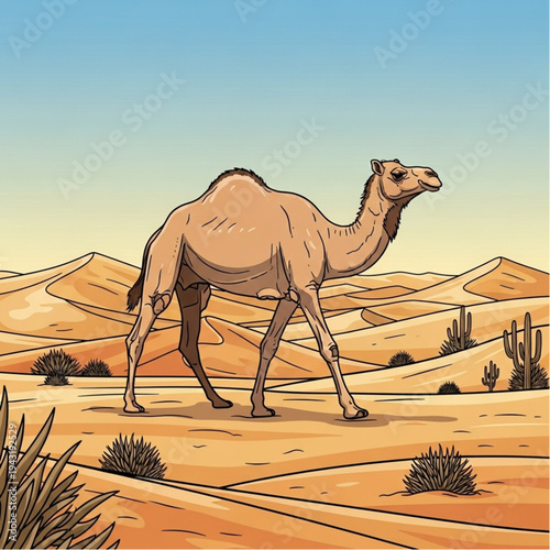 Camel walking in desert landscape illustration.