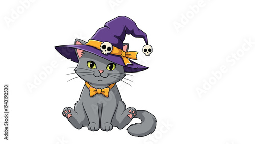Adorable cartoon illustration of a cute grey cat wearing a purple witch hat adorned with skulls and an orange bow tie, ready for Halloween.