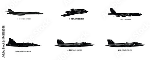 Military Aircraft Silhouette Vector Set Fighter Jet Bomber and Stealth Airplane Collection