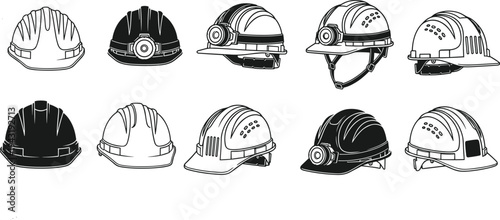 Construction safety helmet vector set, industrial hard hat collection with miner headlamp protective equipment icons isolated on white