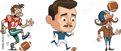 Set of three cartoon American football players in different styles including a vintage kicker, a modern runner, and a retro mustache character.