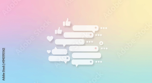 Vibrant digital communication illustration featuring diverse interactive messaging elements and feedback icons