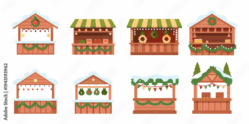 Fototapeta premium Festive christmas market stalls with winter decorations and snowy rooftops