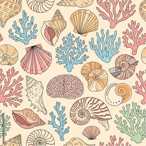 Colorful Seashells and Coral Collection Illustration.