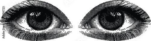 Closeup of two human eyes with detailed iris and eyelashes in black and white illustration