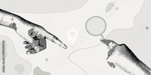 A hand points toward a location marker held by another hand