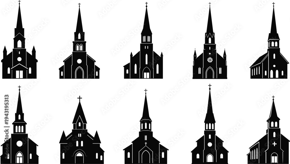 Fototapeta premium Black Church Silhouettes Set Featuring Christian Chapel Icons and Cathedral Building Shapes Isolated on White Background for Religious Architecture and Spiritual Design