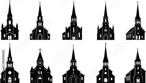 Black Church Silhouettes Set Featuring Christian Chapel Icons and Cathedral Building Shapes Isolated on White Background for Religious Architecture and Spiritual Design