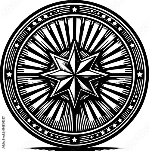 Celestial Compass: A detailed star design features a striking star compass design, radiating beams. The piece exudes a vintage flair. 