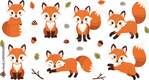 Cute red fox character collection featuring various playful poses with autumn forest elements including leaves mushrooms and acorns for children design.