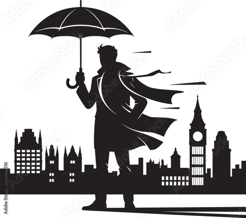 Silhouette of man in long coat holding umbrella while standing before London city skyline