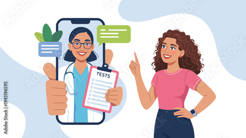 A friendly online doctor provides medical test results to a smiling patient through a smartphone app