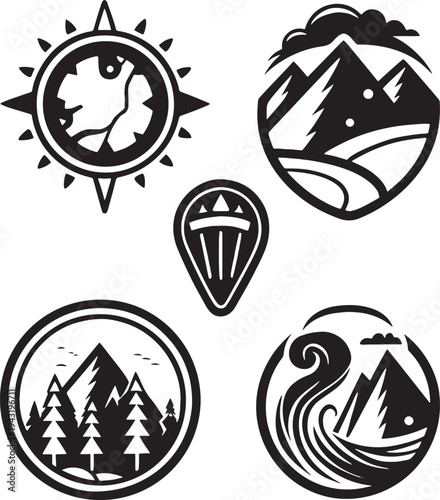 Black and white of compass mountains trees and waves for adventure and travel msea set