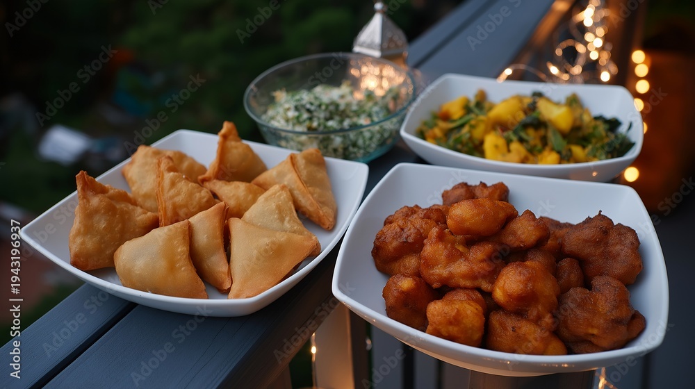 Naklejka premium Muslim neighbor sharing iftar meal with Hindu family during Ramadan, mixed dishes of samosas and pakoras arranged on shared balcony table under string lights at dusk, perfect for interfaith