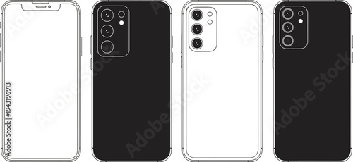 Modern smartphone outline mockup set, front and back mobile phone templates, blank screen device frames, clean vector line illustration for UI design presentation