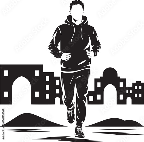 Man jogging in hoodie with urban architecture silhouette for fitness and wellness concept