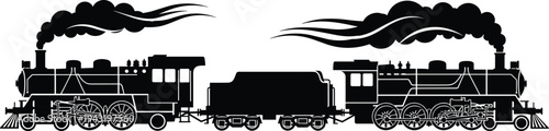 Vintage steam locomotive silhouette, two opposing trains with coal wagon, industrial railway transport concept, retro engine illustration, black vector isolated design artwork