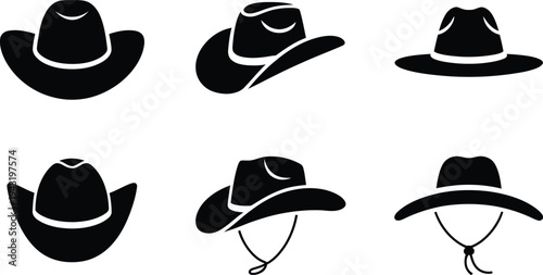 Six Black Icons Of Cowboy Hats On White Background western headwear