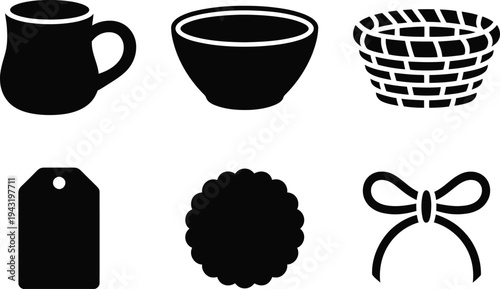 Six black icons of mug bowl basket tag flower and bow tie