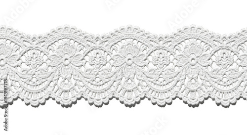 Intricate white lace trim with floral patterns isolated on transparent background