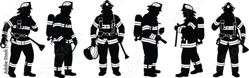 Firefighter silhouette, fireman vector, emergency responder, protective gear, helmet icon, hose action, axe tool, oxygen tank, rescue hero, safety symbol