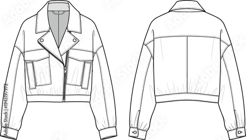 Women's cropped biker jacket technical flat sketch, moto windbreaker vector illustration, front back view apparel design template, fashion CAD drawing.