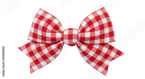 A beautiful red and white gingham ribbon bow tied in a classic style isolated on transparent background