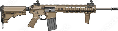 Detailed vector illustration of modern tan assault rifle with collapsible stock, Picatinny rail, vertical foregrip, tactical design, military firearm equipment