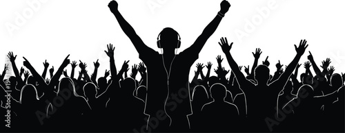 Concert crowd silhouette with DJ performer, music event vector illustration, festive entertainment artwork, dynamic celebration design, energetic audience scene, 