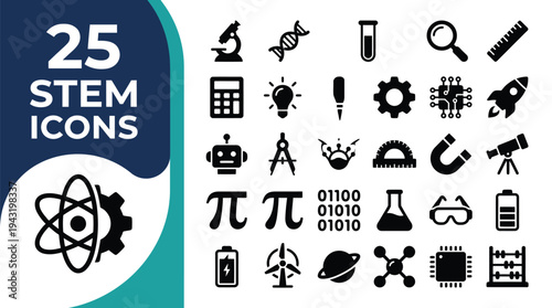 A collection of 25 STEM icons representing science, technology, engineering, and mathematics.