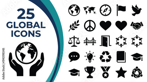 Collection of 25 global icons representing various concepts.
