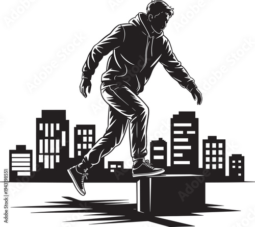 Parkour athlete jumping over obstacle in urban environment with city buildings background