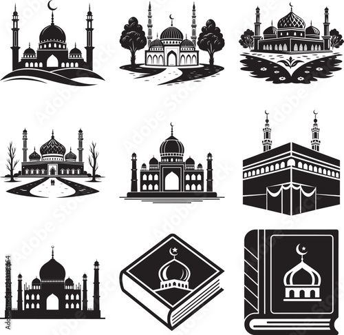Black silhouette of mosque with domes and minarets against white background msea set islamic architecture