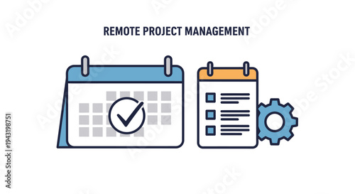 Illustration of remote project management with calendars, checklist, and gear icon representing planning and execution.
