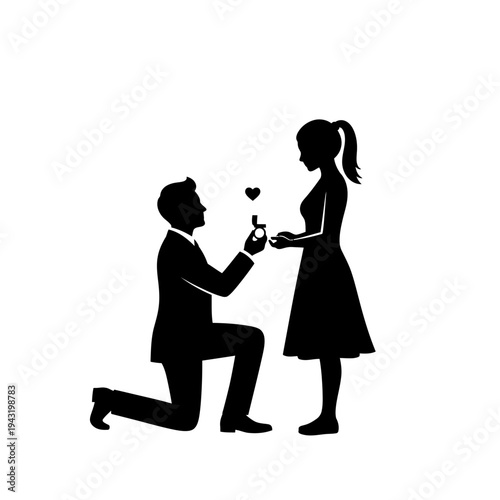 Silhouette of a man proposing marriage to a woman on one knee with a ring and hearts.